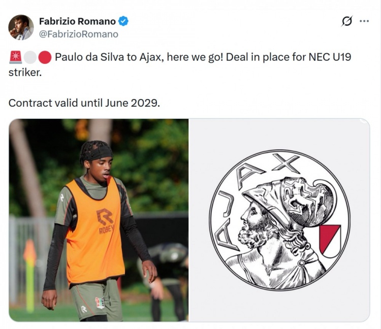 Here we go！罗马诺：奈梅亨18岁前锋达席尔瓦将加盟阿贾克斯